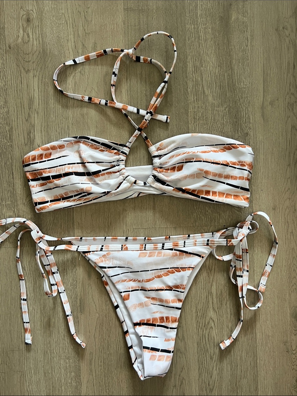 String Bandeau Halter Bikini Set in White and Brown